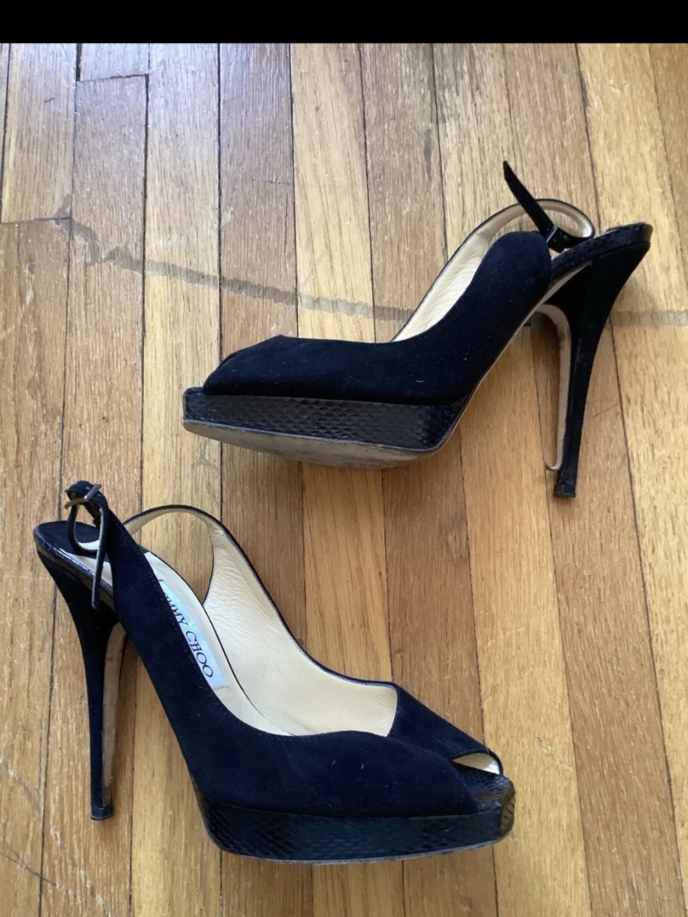 Title: Jimmy Choo Ladies Size 7/37 Black Suede/Snake-Skin Open Toe Strappy Heels